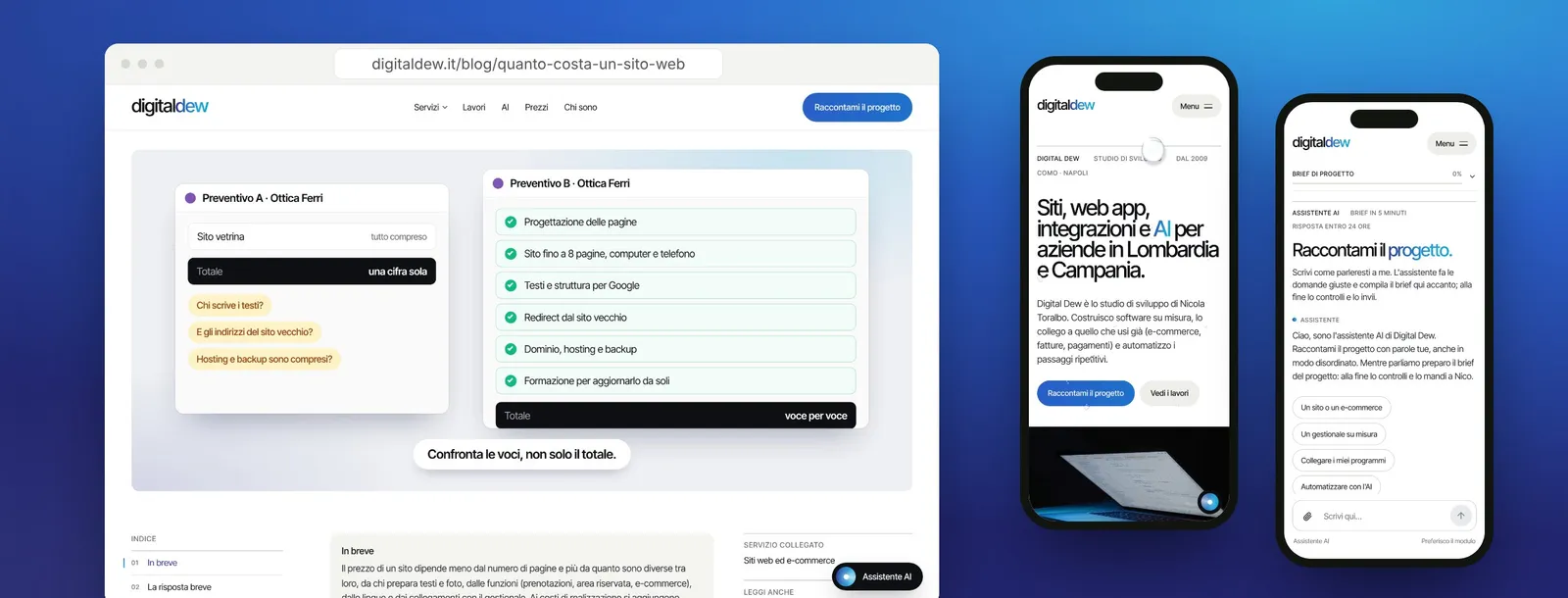 Una nota tecnica di Digital Dew su computer, la pagina iniziale e l'assistente AI su telefono
