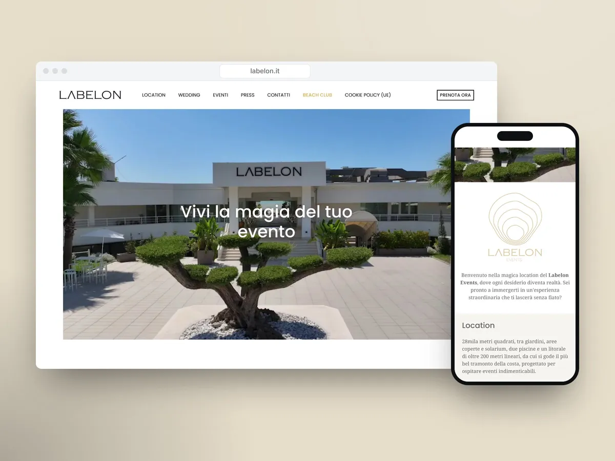 Il sito di Labelon Experience su computer e telefono, con la location per eventi e la sua presentazione