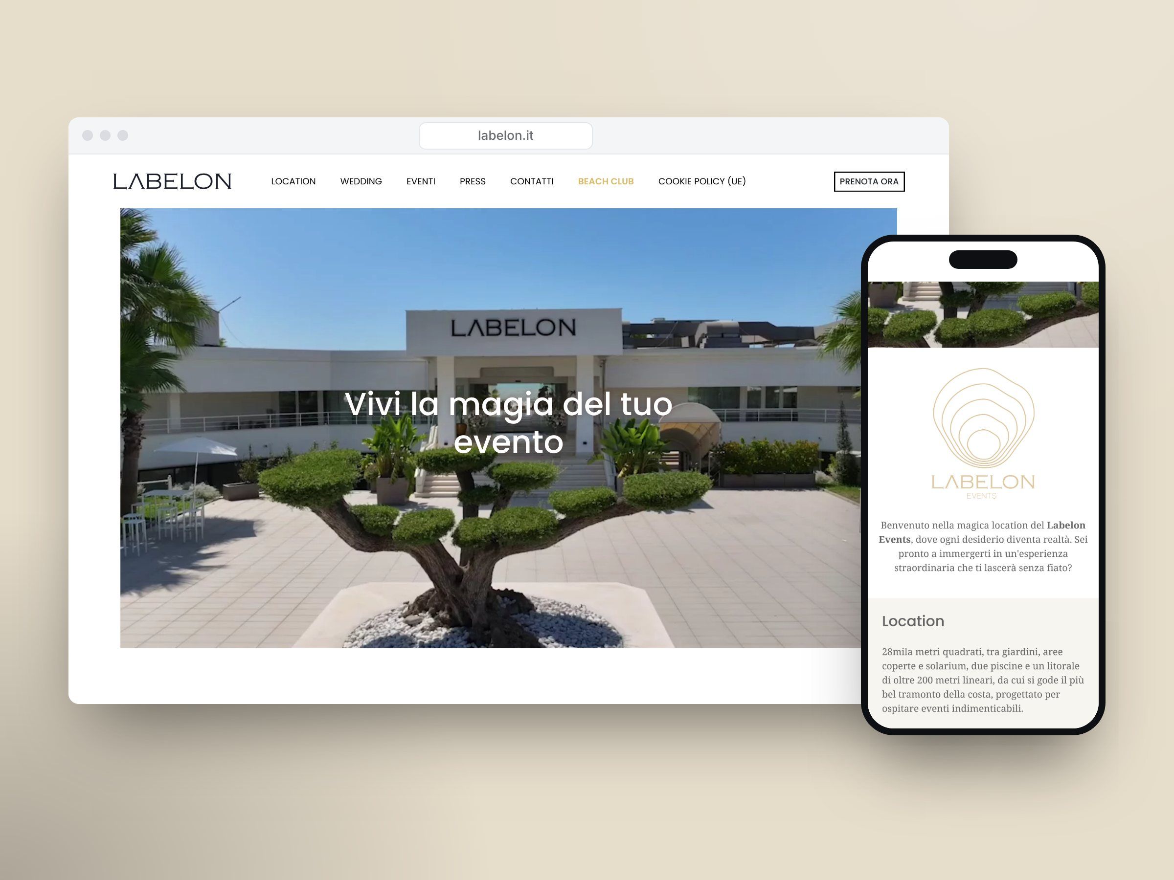 Il sito di Labelon Experience su computer e telefono, con la location per eventi e la sua presentazione