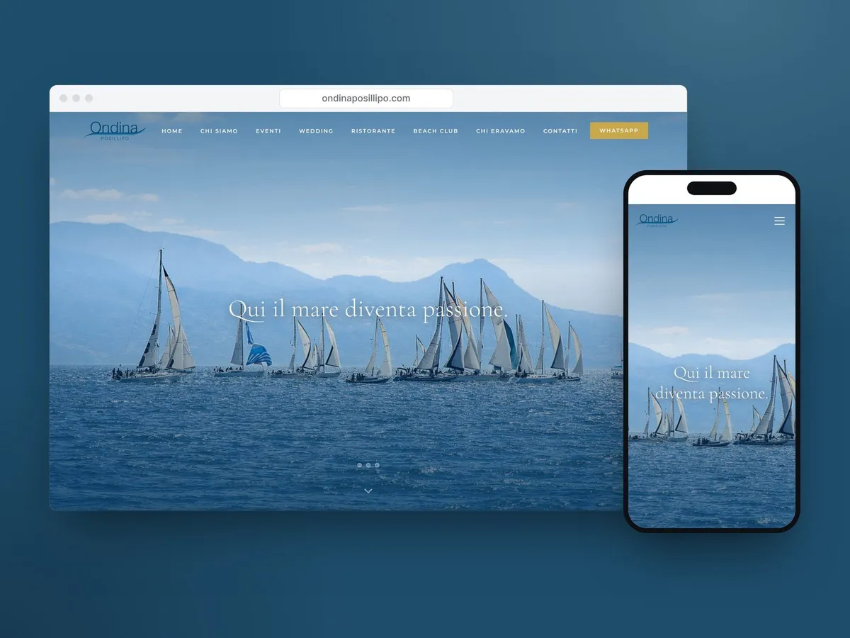Il sito di Ondina Posillipo su computer e telefono, con le barche a vela nel golfo di Napoli