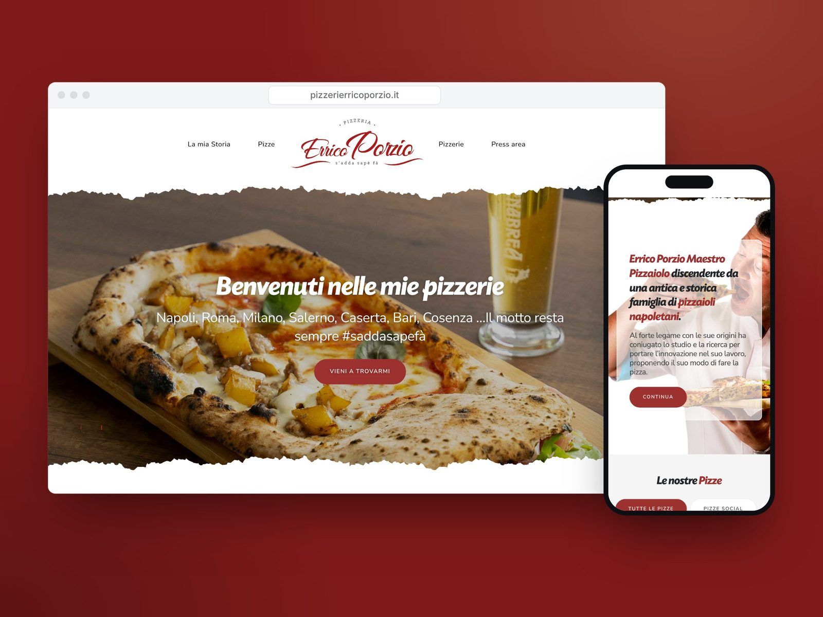 Il sito delle Pizzerie Errico Porzio su computer e telefono, con la pizza in primo piano e la storia del pizzaiolo
