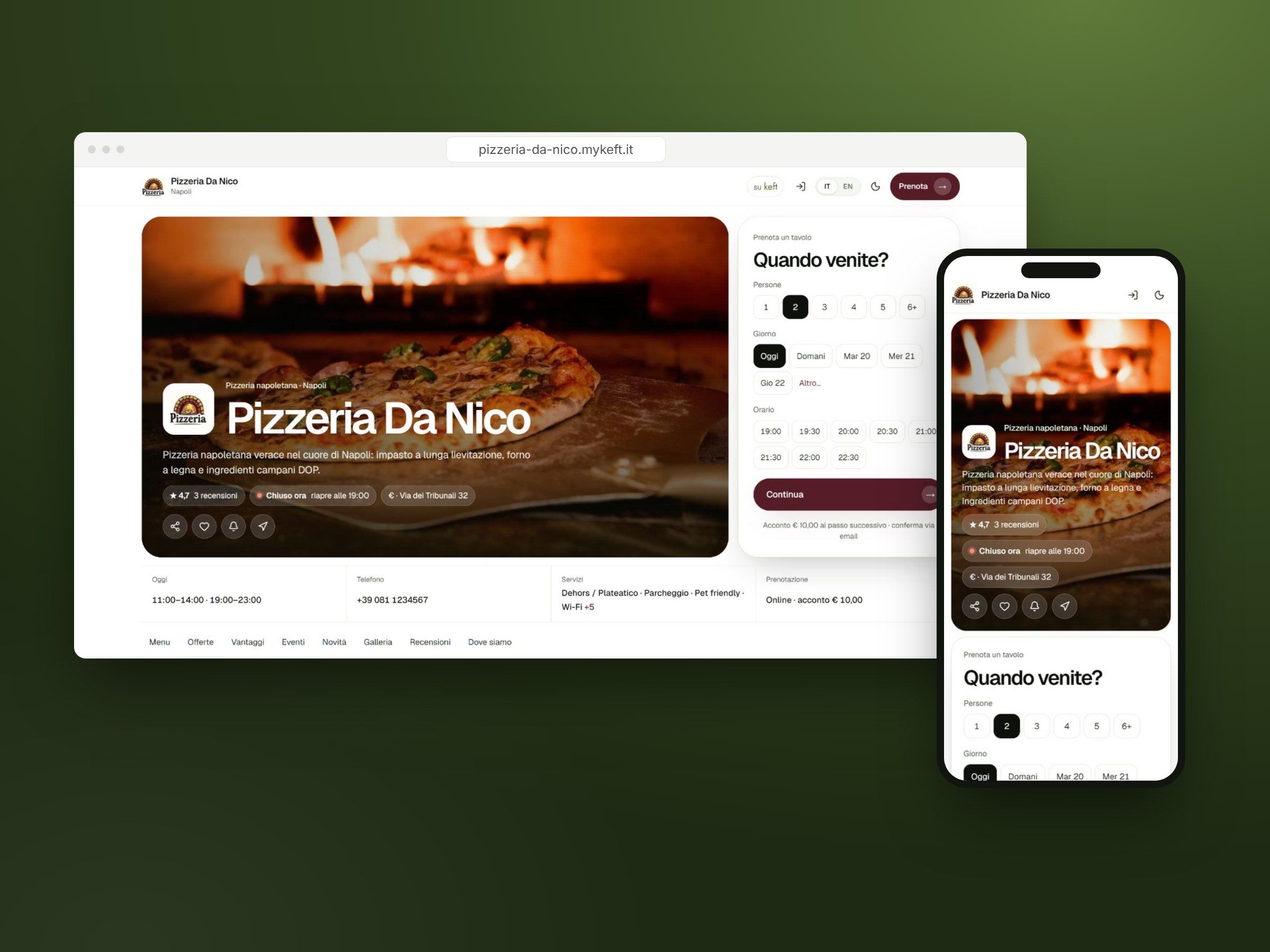 Il mini-sito di una pizzeria su Keft, su computer e telefono, con la prenotazione del tavolo
