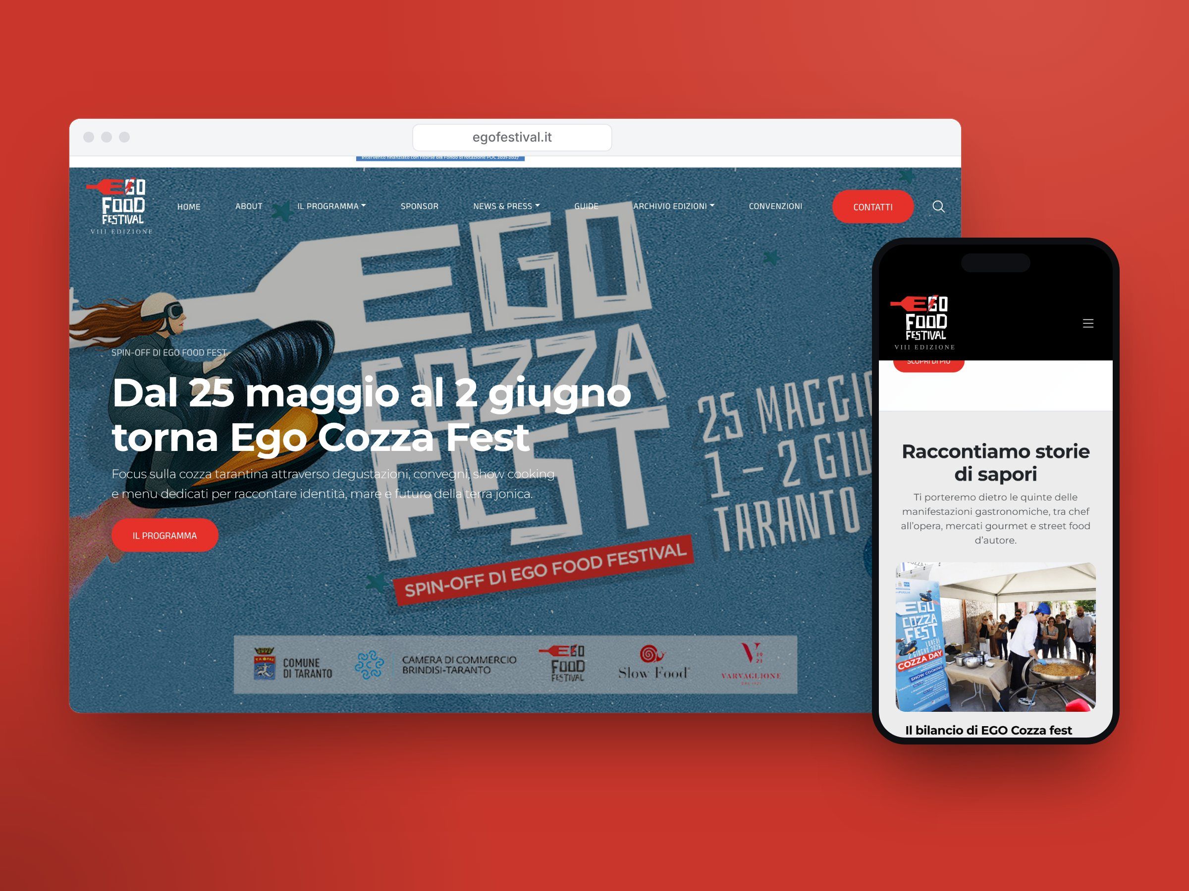 Il sito di Ego Food Festival su computer e telefono, con il programma del Cozza Fest e le notizie dell'evento