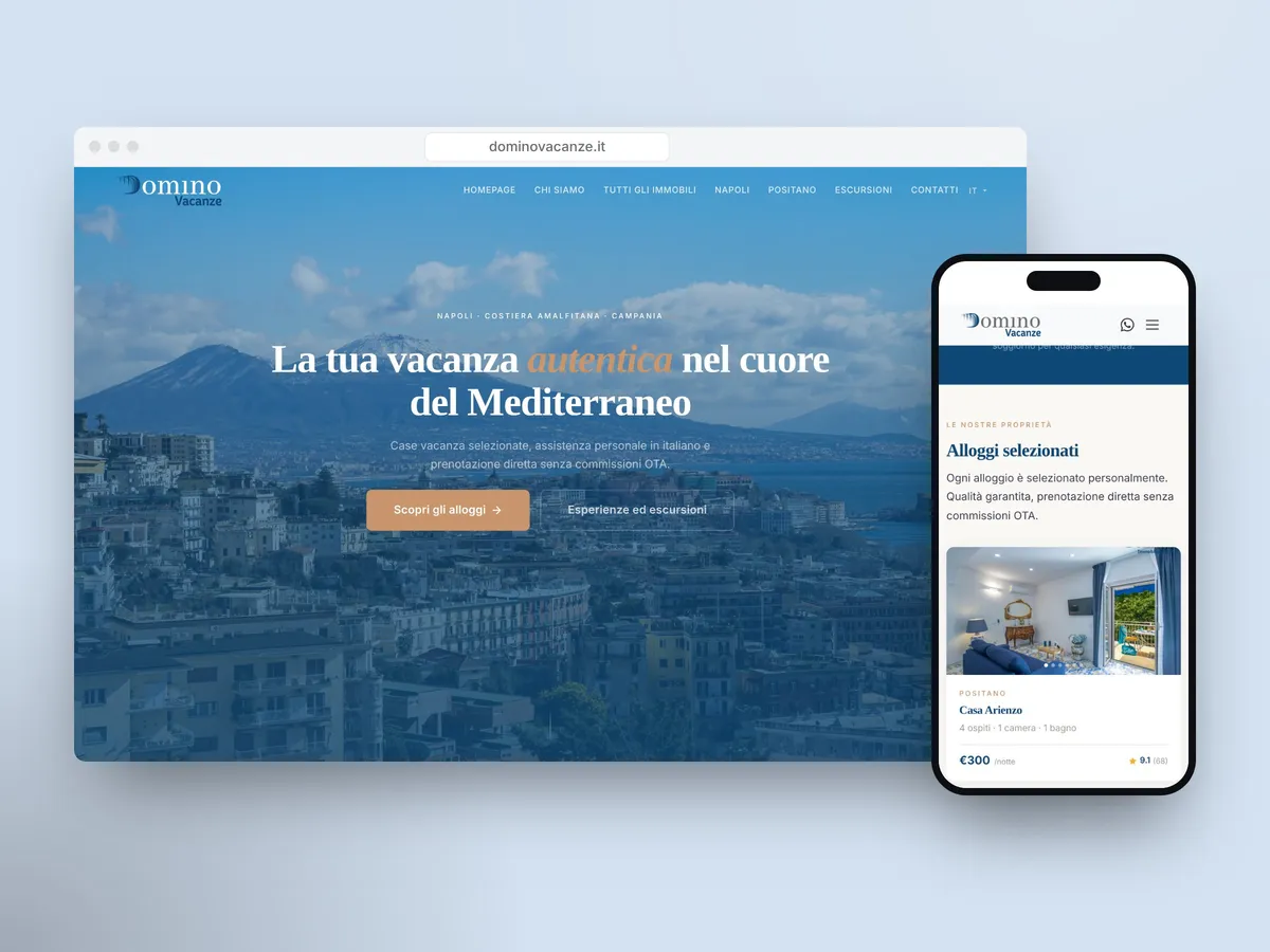 Il sito di Domino Vacanze su computer e telefono, con la pagina iniziale e gli alloggi selezionati