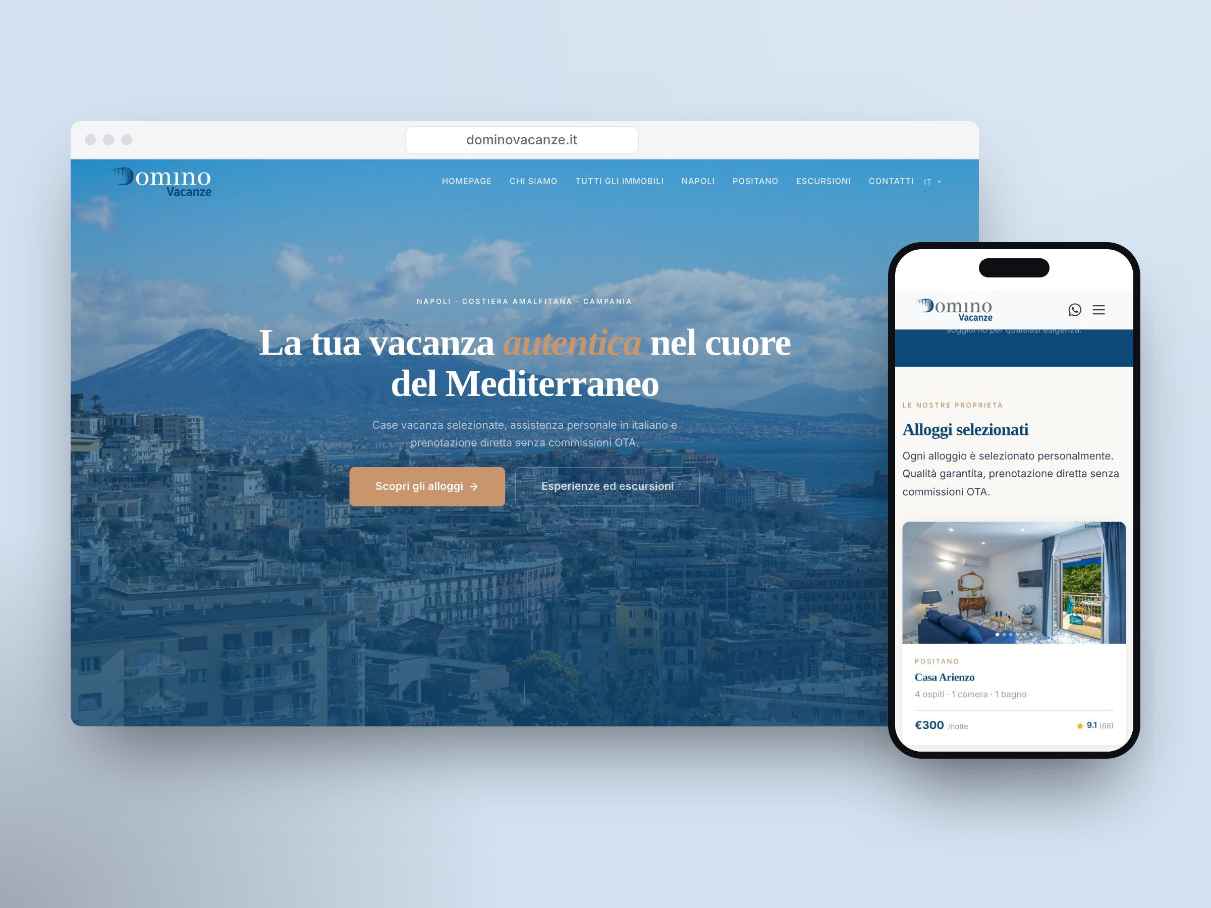 Il sito di Domino Vacanze su computer e telefono, con la pagina iniziale e gli alloggi selezionati