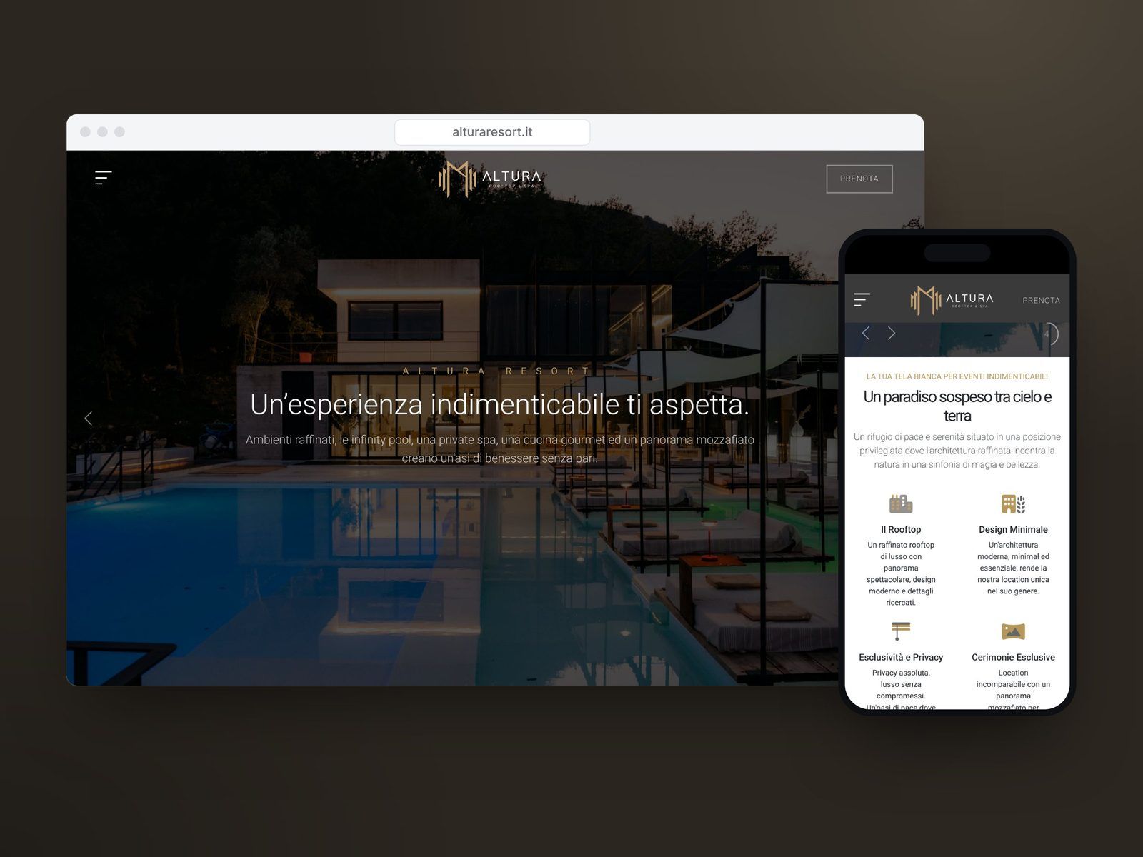 Il sito di Altura Resort su computer e telefono, con la piscina del resort e la presentazione della struttura