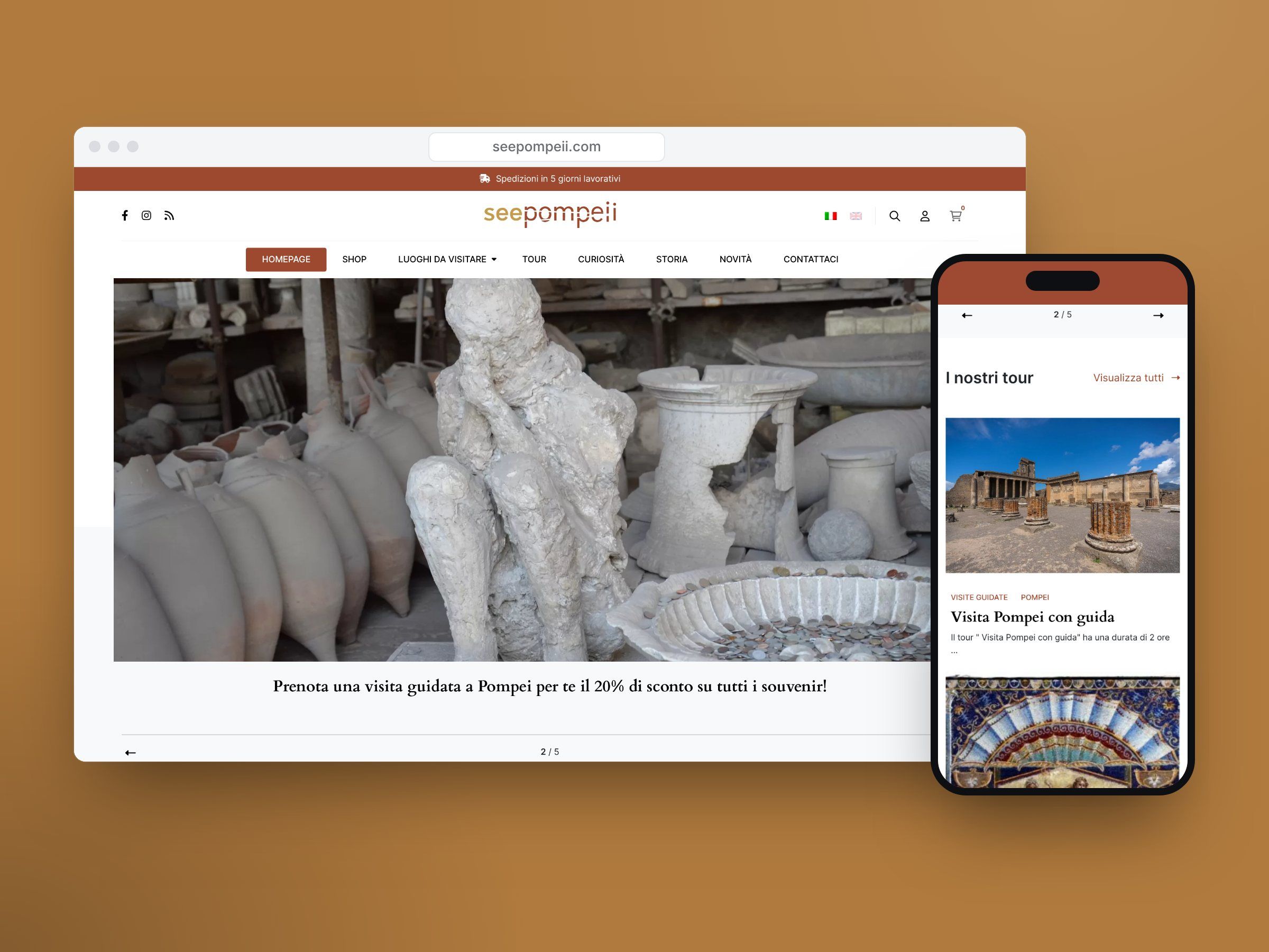 Il sito di SeePompeii su computer e telefono, con la pagina iniziale e i tour degli scavi