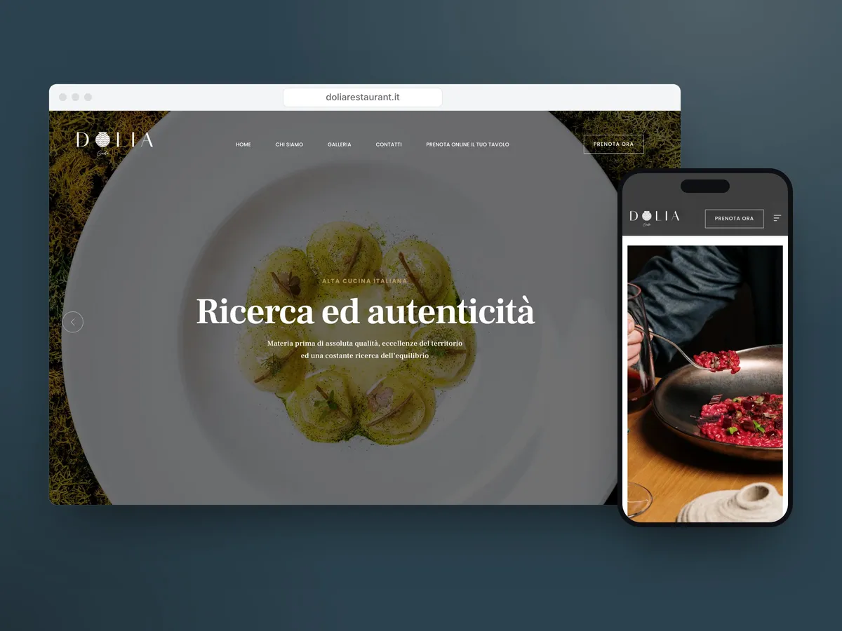 Il sito di Dolia Restaurant su computer e telefono, con la pagina iniziale e i piatti del ristorante