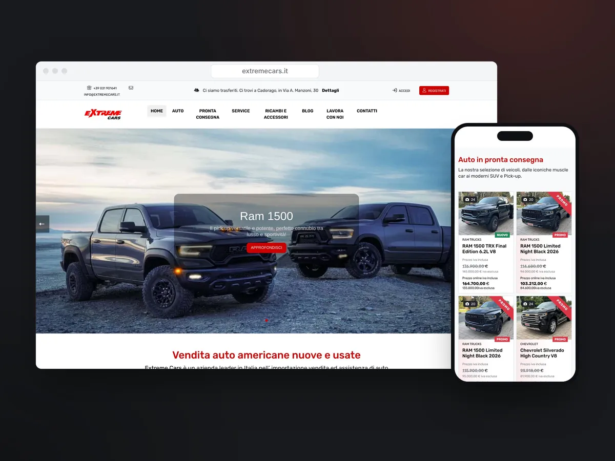 Il sito di Extreme Cars su computer e telefono, con la pagina iniziale e le auto in pronta consegna