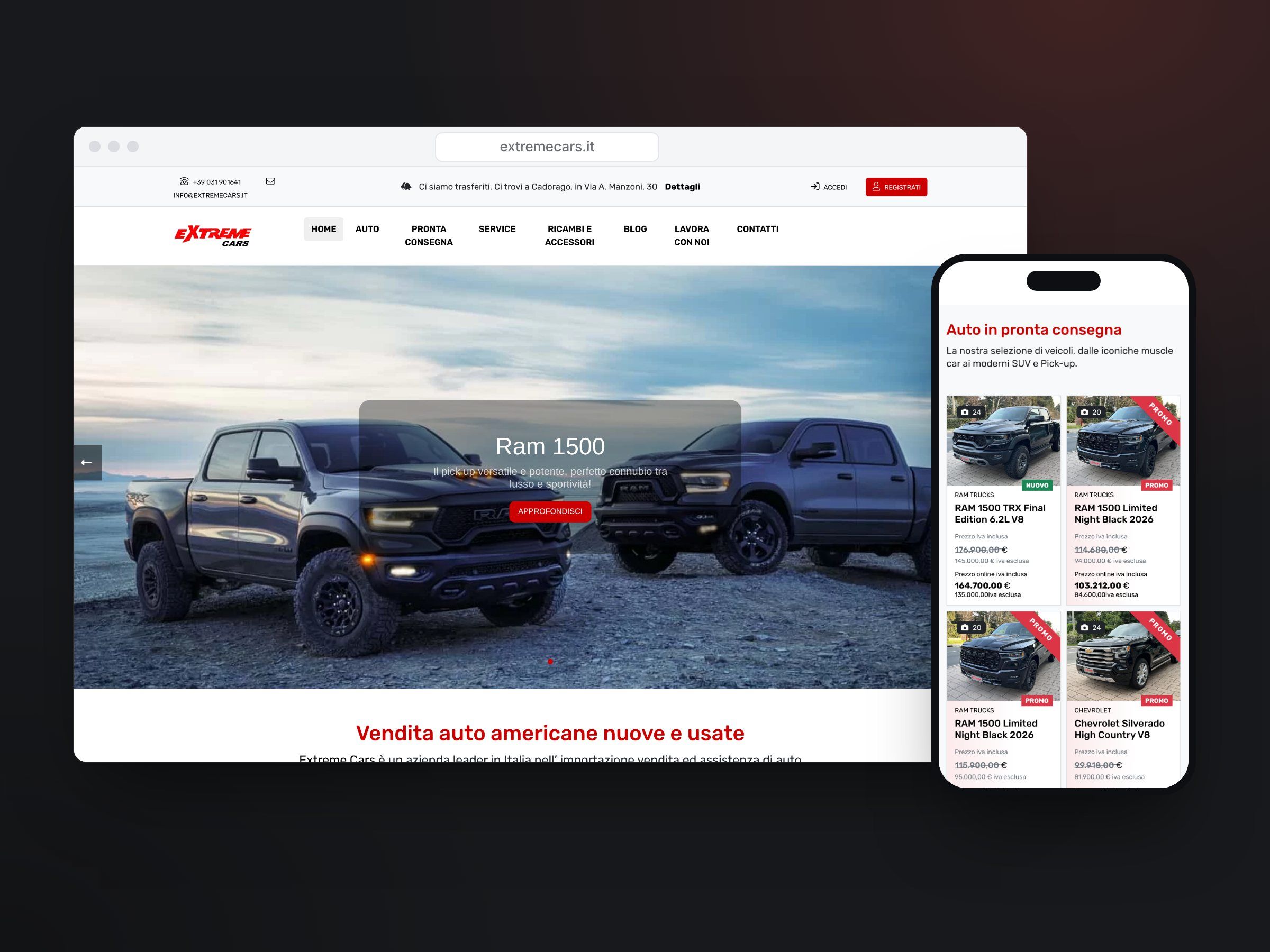 Il sito di Extreme Cars su computer e telefono, con la pagina iniziale e le auto in pronta consegna