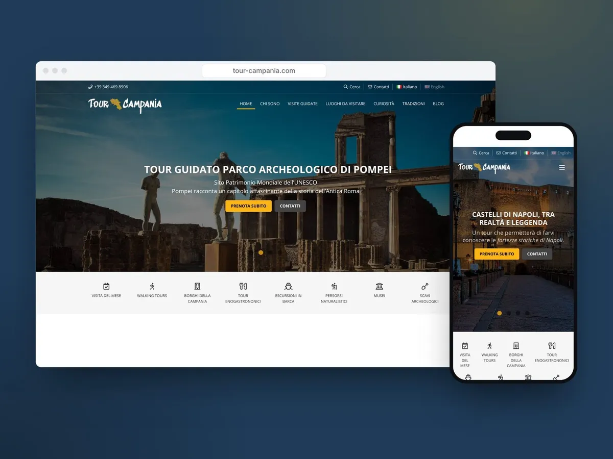 Il sito di Tour Campania su computer e telefono, con i tour guidati di Pompei e dei castelli di Napoli