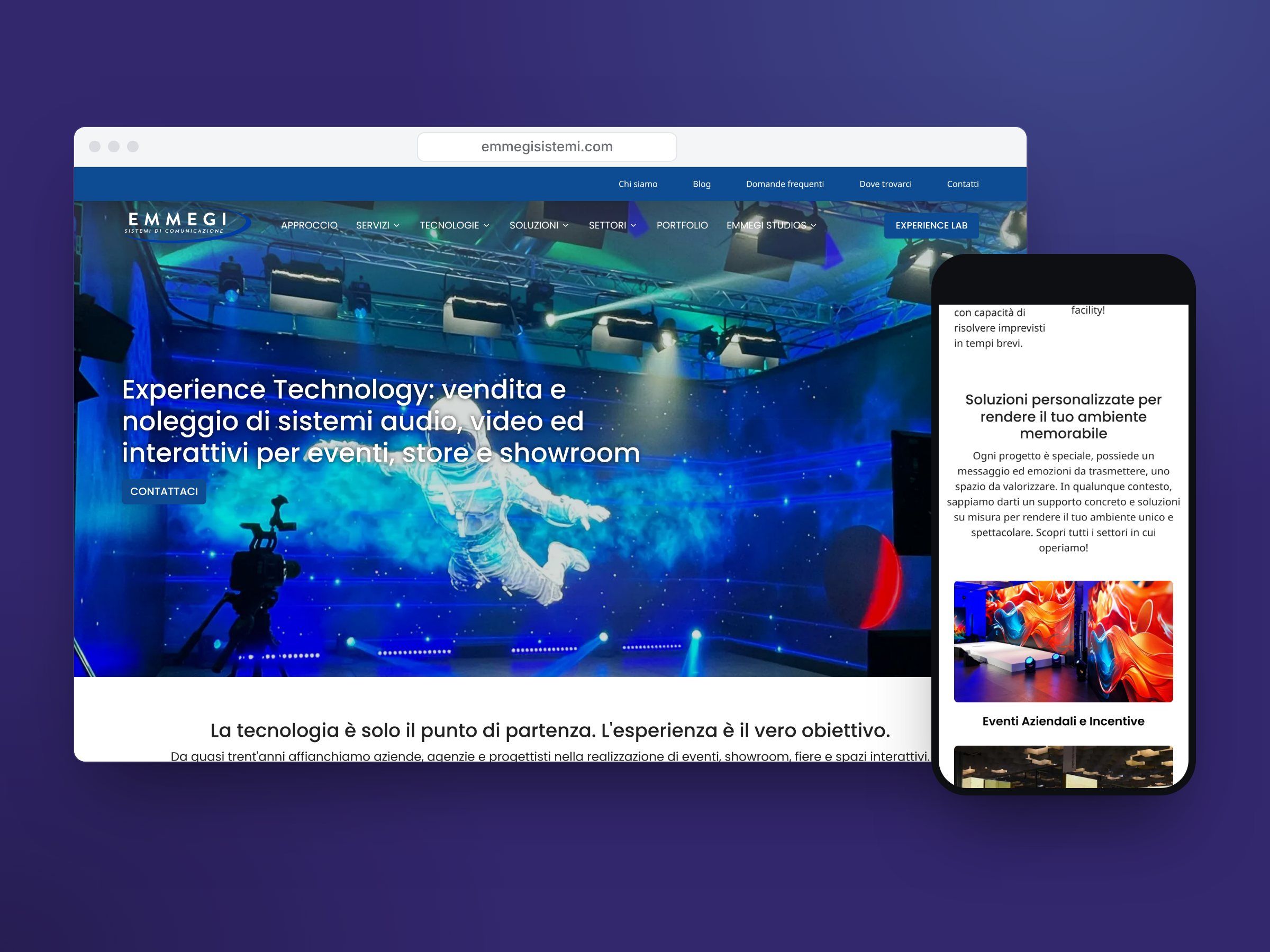 Il sito di EmmegiSistemi su computer e telefono, con la pagina iniziale e le soluzioni per eventi