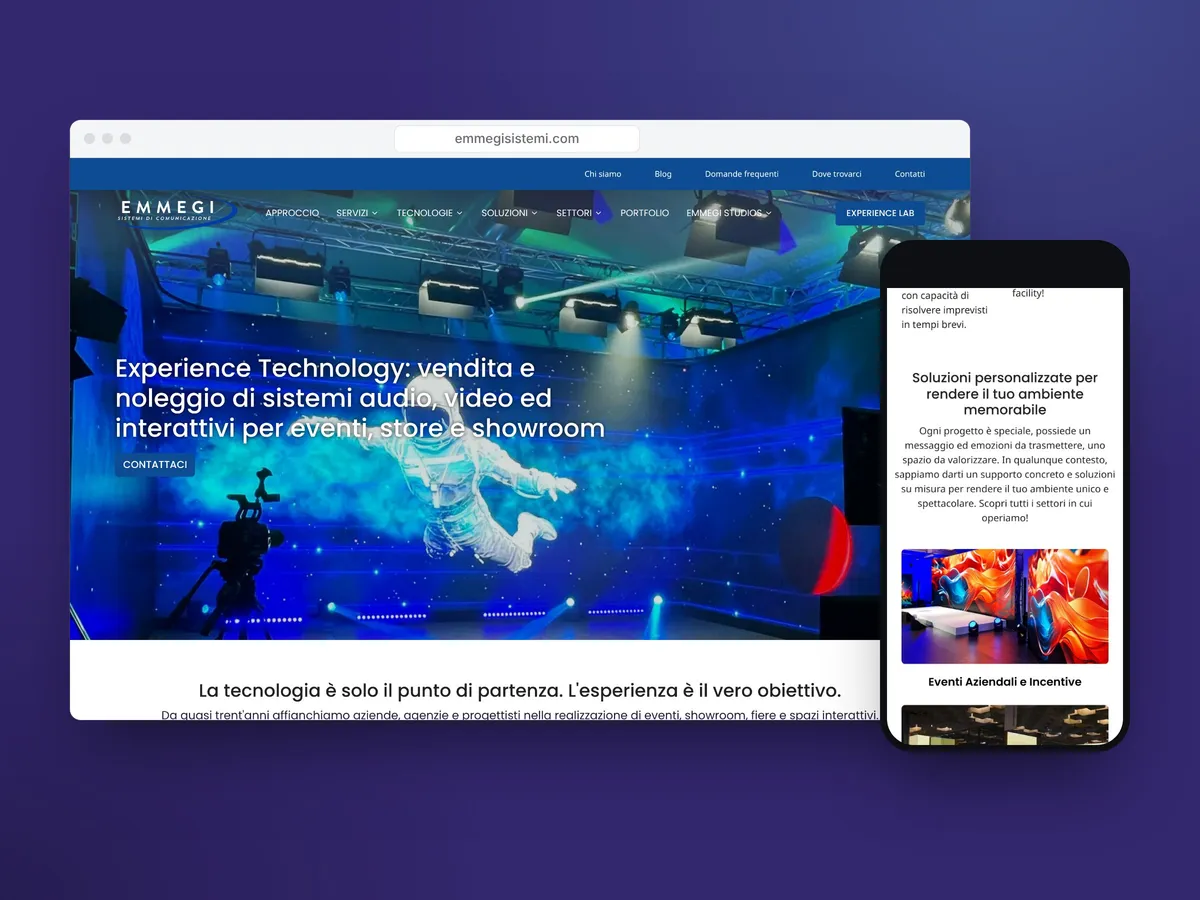 Il sito di EmmegiSistemi su computer e telefono, con la pagina iniziale e le soluzioni per eventi