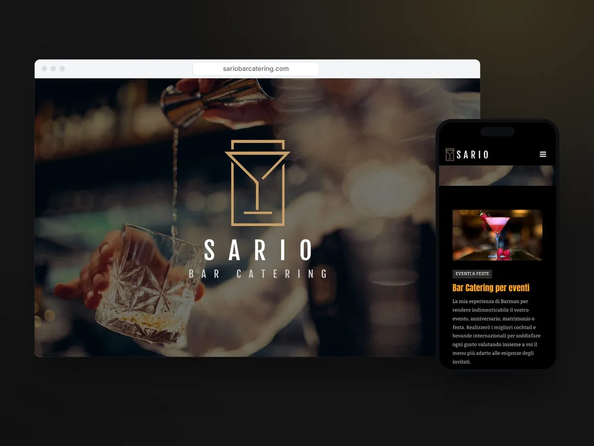 Il sito di Sario Bar Catering su computer e telefono, con il logo e i servizi di bar catering per eventi