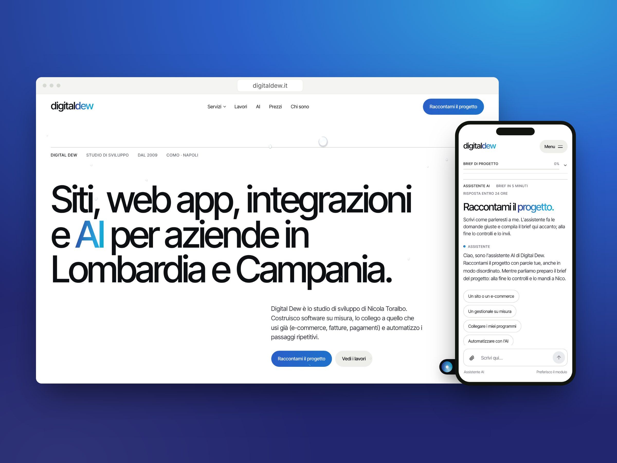 Il sito di Digital Dew su computer e telefono, con la pagina iniziale e l'assistente AI