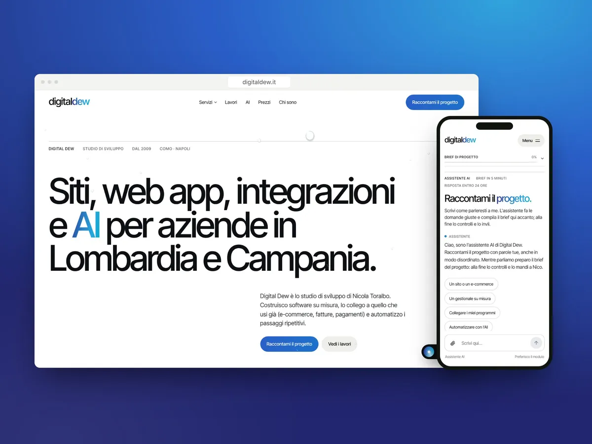 Il sito di Digital Dew su computer e telefono, con la pagina iniziale e l'assistente AI che raccoglie il brief del progetto