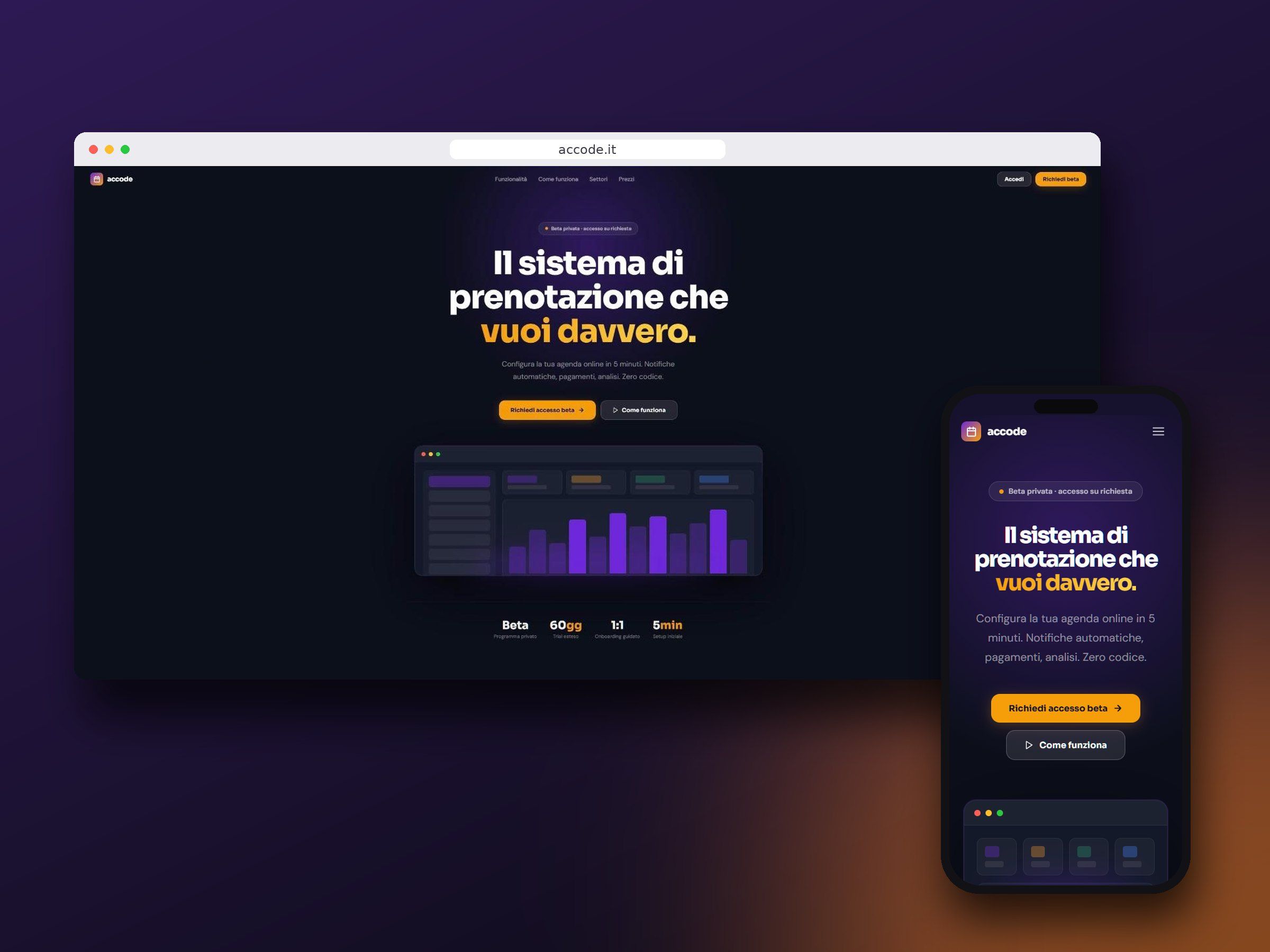 La pagina iniziale di Accode su computer e telefono, con il sistema di prenotazione e la richiesta di accesso alla beta