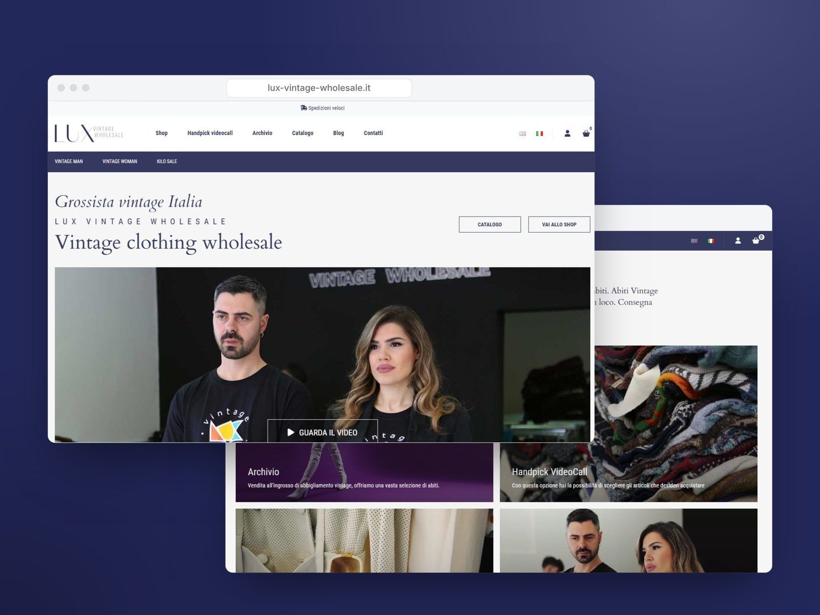 Il sito di Lux Vintage Wholesale su computer, con la home del grossista e le categorie di abbigliamento vintage