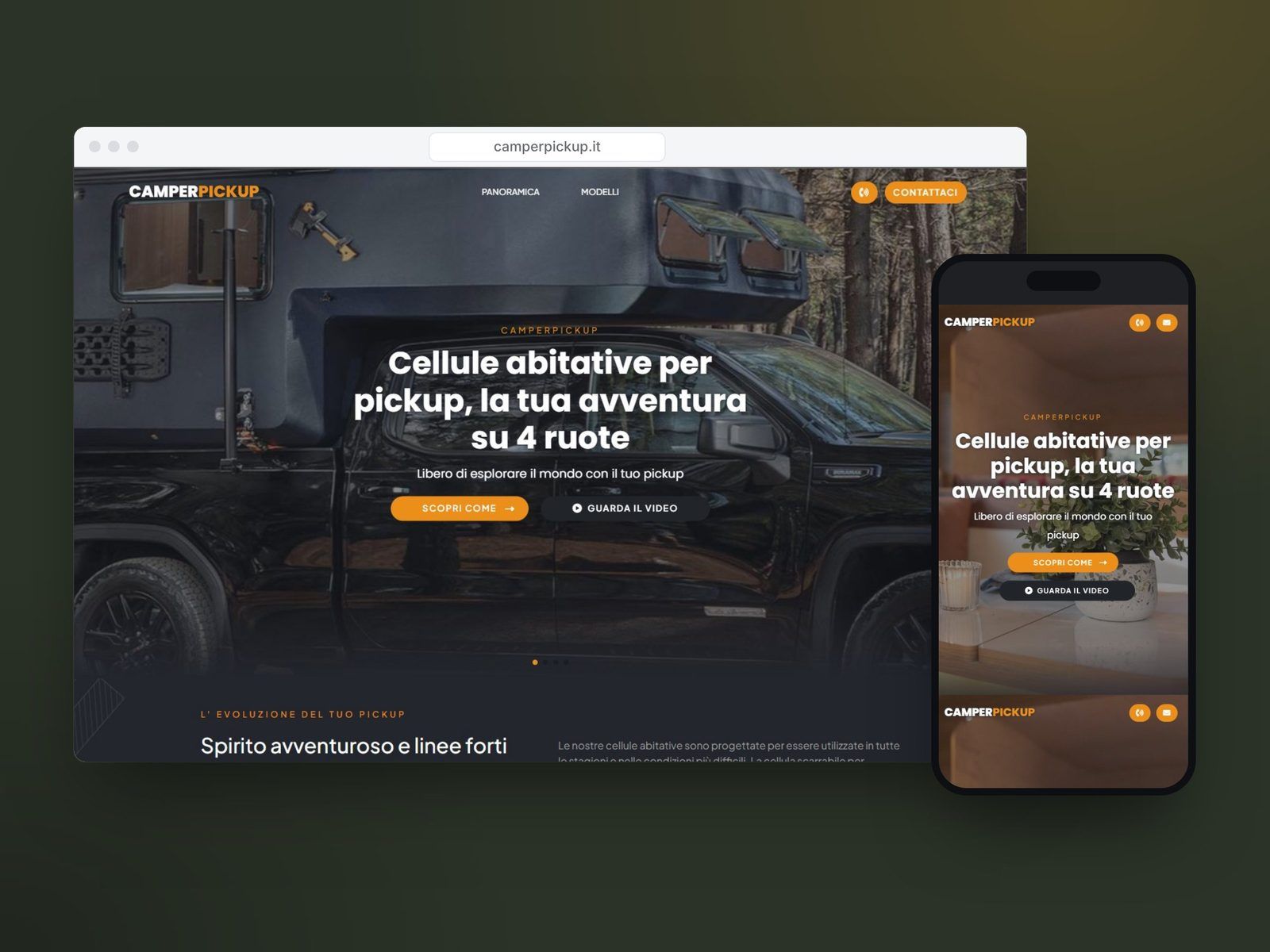Il sito di Camper Pickup su computer e telefono, con la cellula abitativa montata su un pickup