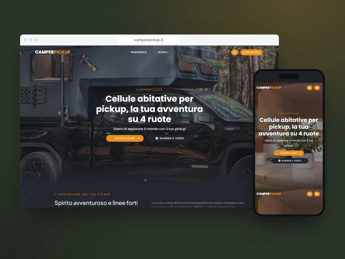 Il sito di Camper Pickup su computer e telefono, con la cellula abitativa montata su un pickup