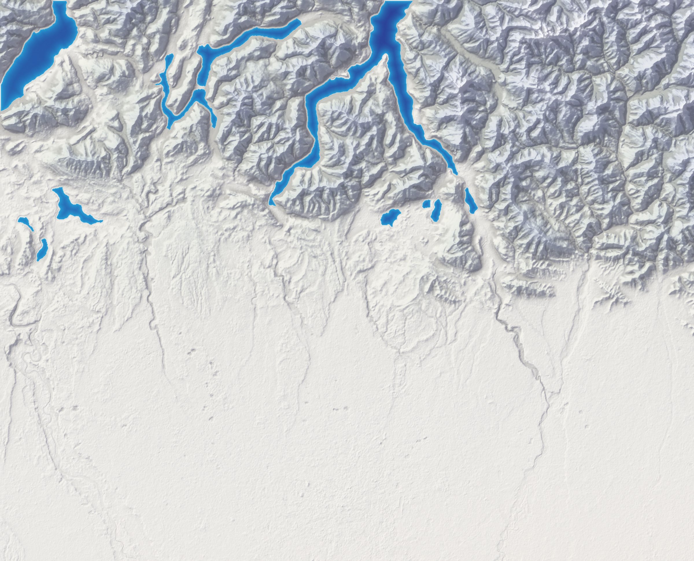 Mappa in rilievo della provincia di Como, del lago e della Brianza fino a Milano, con i comuni serviti