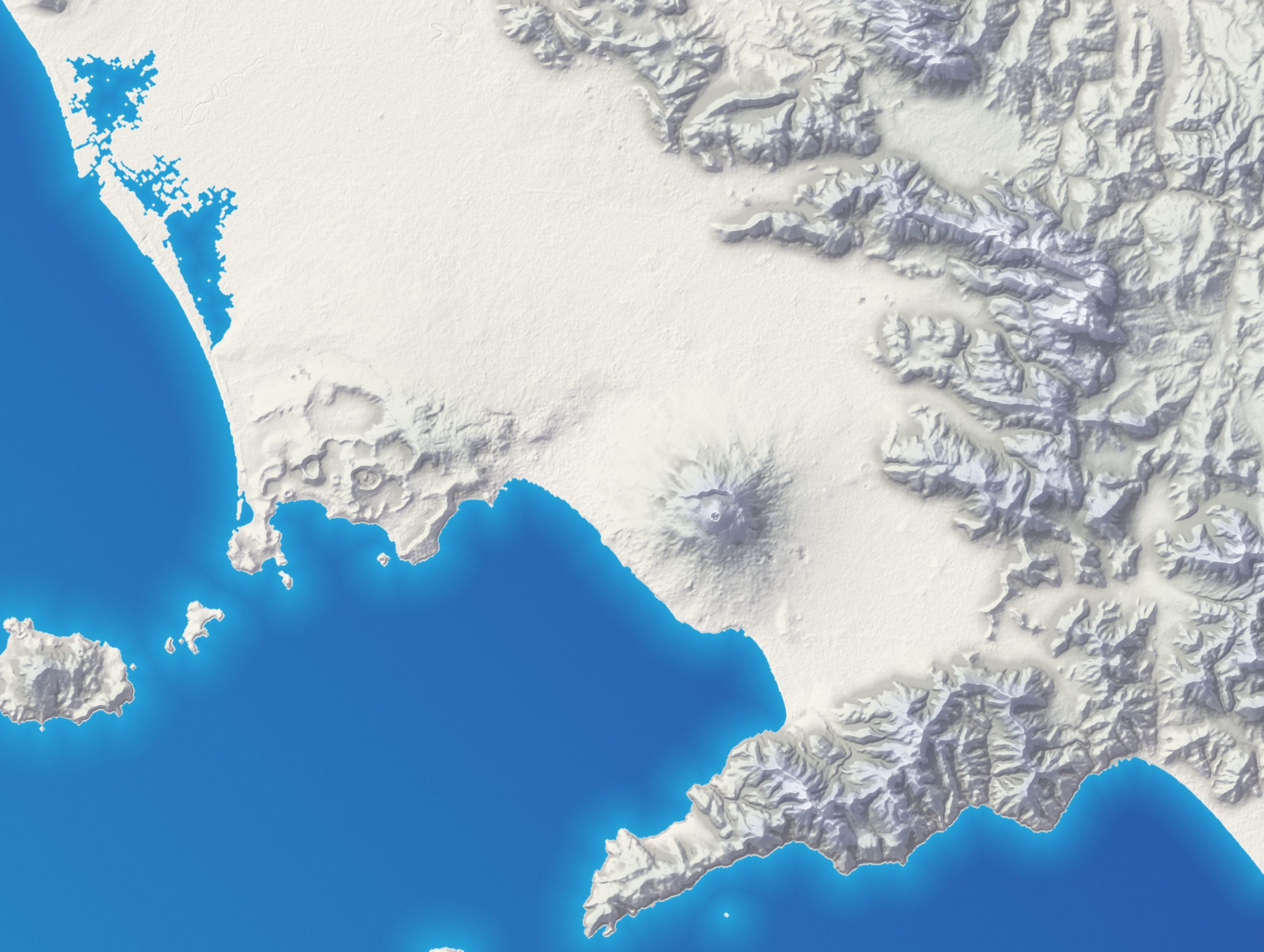Mappa in rilievo del golfo di Napoli con il Vesuvio, le isole e i comuni serviti, da Caserta a Salerno